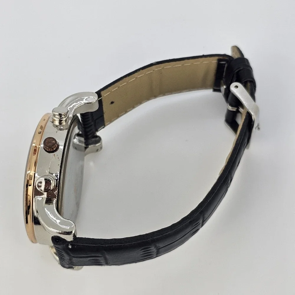 Men's Analog Watch 43MM Black Dial‎ Black Faux Leather Bands New Battery